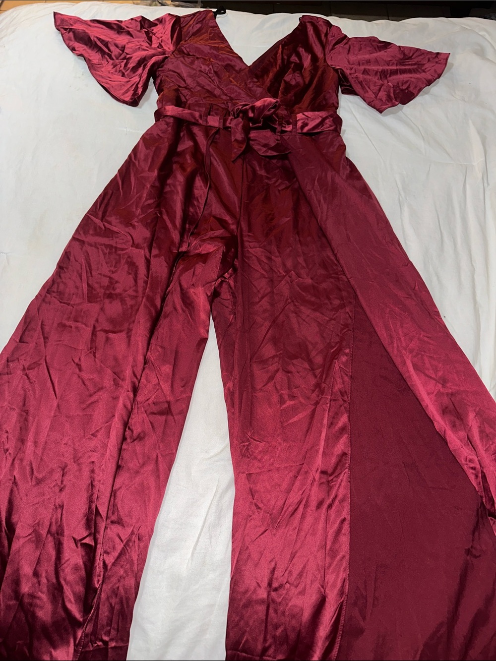 Women's Burgundy Satin Wrap Jumpsuit with Tie Dye Waist